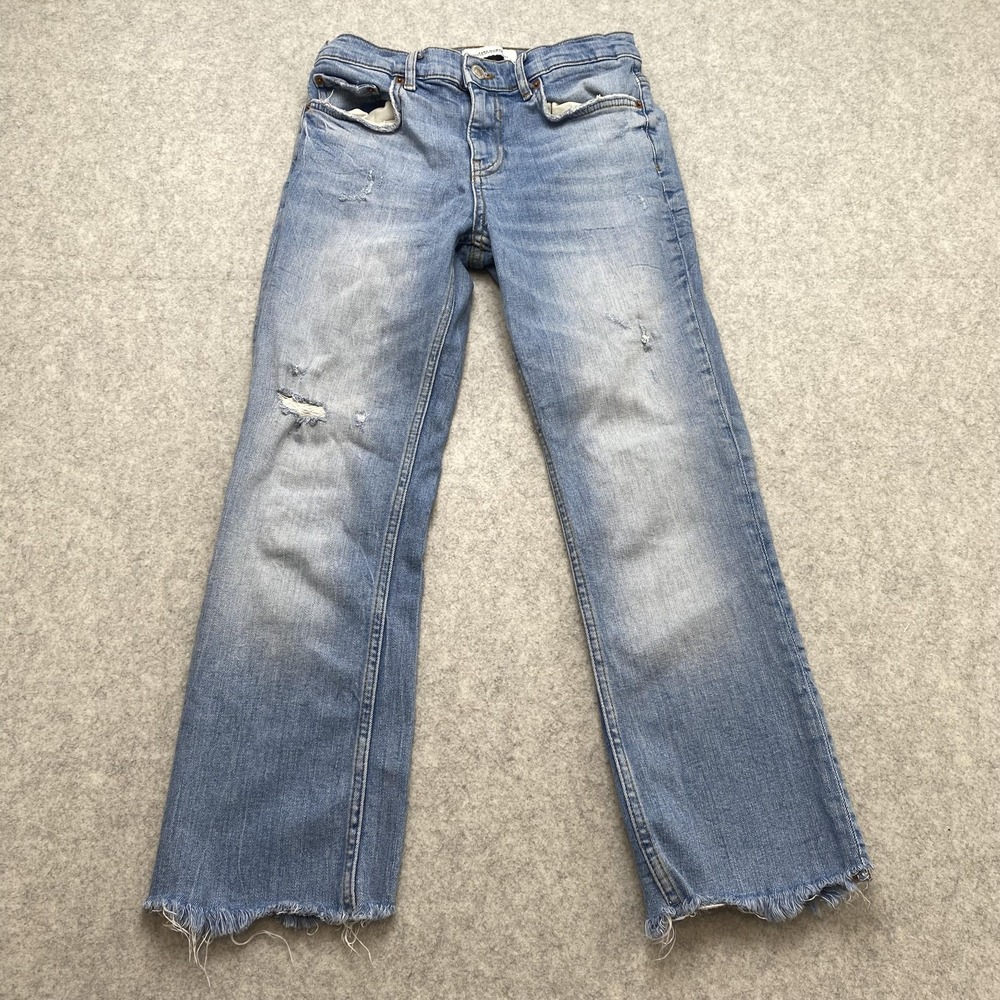 Zara Woman Premium Denim Straight Jeans Womens 4 (27x23) Blue Distressed Raw Hem